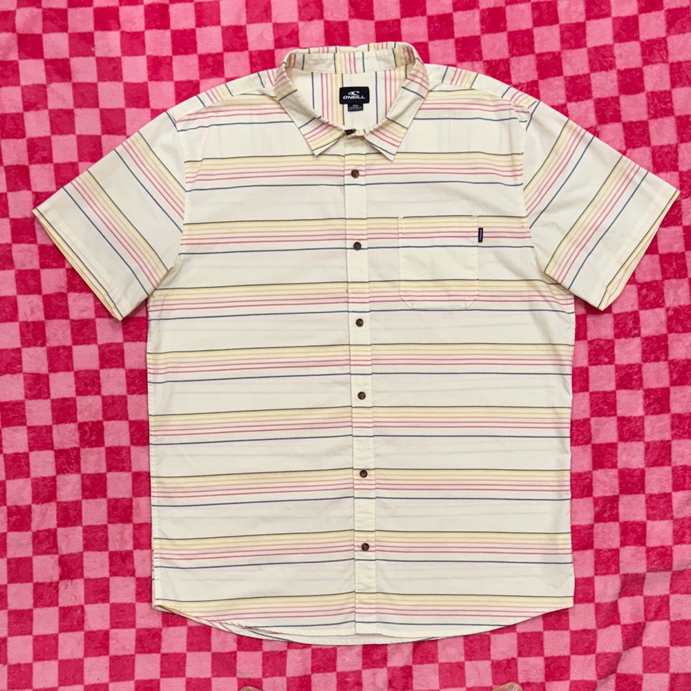 O'Neill Men's Striped Button Down Shirt - Cream and Pink